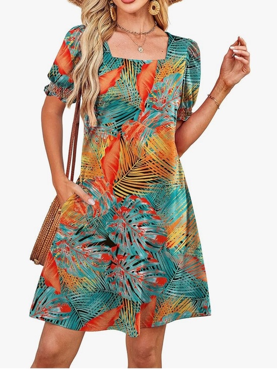 Dresses & Skirts - Summer Dresses Casual Cute Square Neck Puff Short Sleeve Dress with Pockets